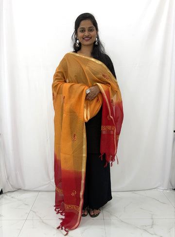 Lucknowi Chikankari Yellow Red Kota Silk Dupatta