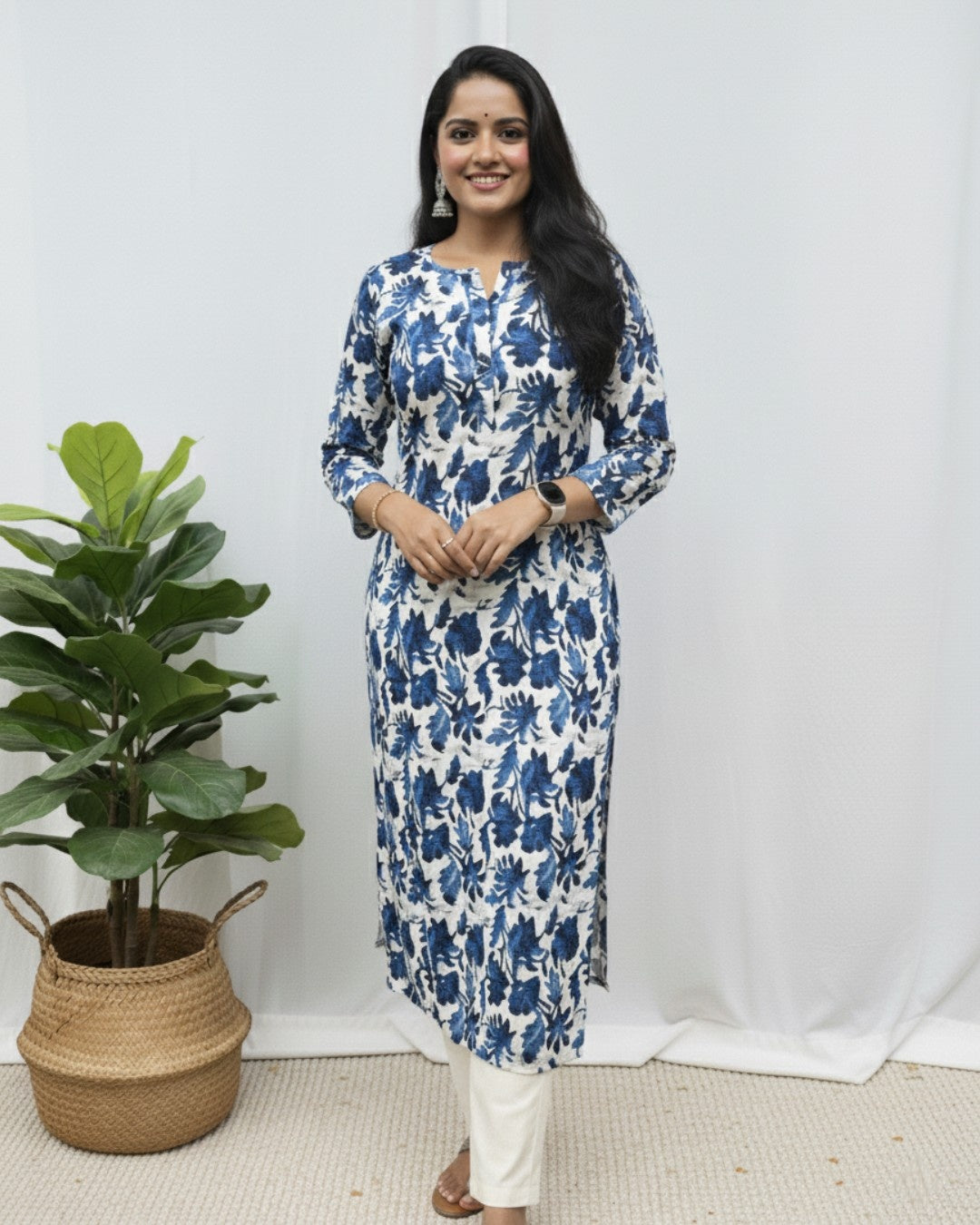 Trisha Blue Cotton Straight Kurta