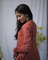 Trisha Bagru Cotton Red Chudi Sleeves Kali Kurta