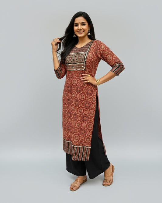 maroon ajrakh cotton straight kurta    