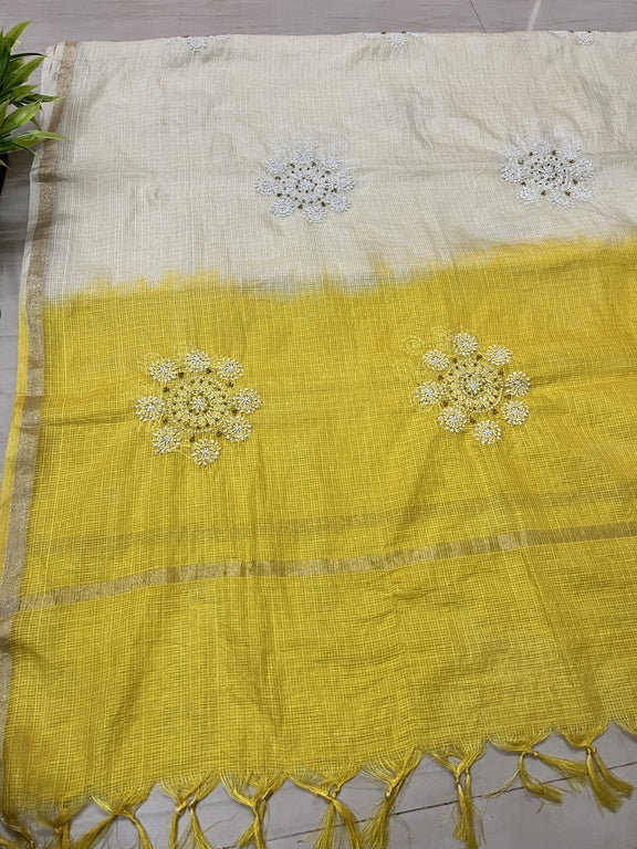 lucknowi chikankari ombre cream and yellow kota silk dupatta
