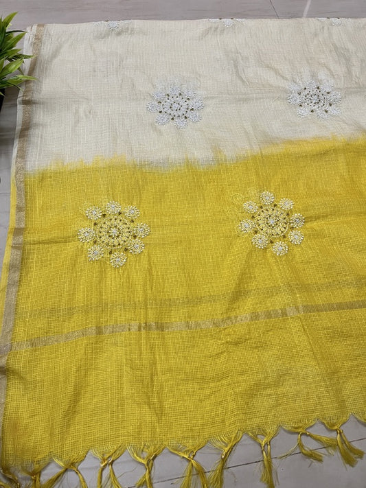 lucknowi chikankari ombre cream and yellow kota silk dupatta