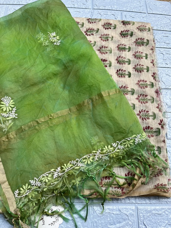 Lucknowi chikankari green organza silk dupatta    