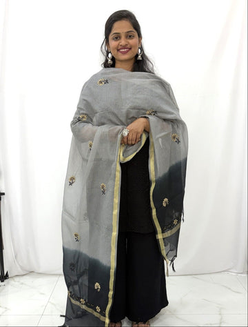 Lucknowi Chikankari Grey Black Kota Silk Dupatta