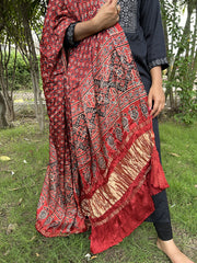 Ajrakh Red Modal Silk Lagdi Patta Dupatta