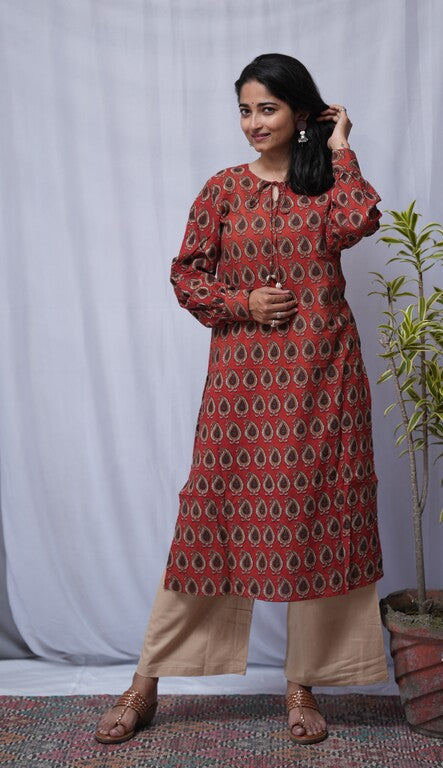 Rea Bagru Cotton Red Straight Kurta