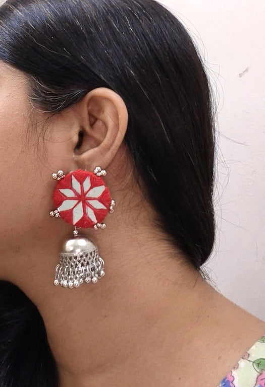 red mirror work earrings     