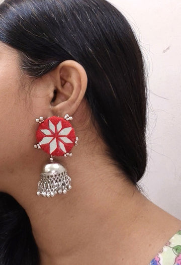 red mirror work earrings     