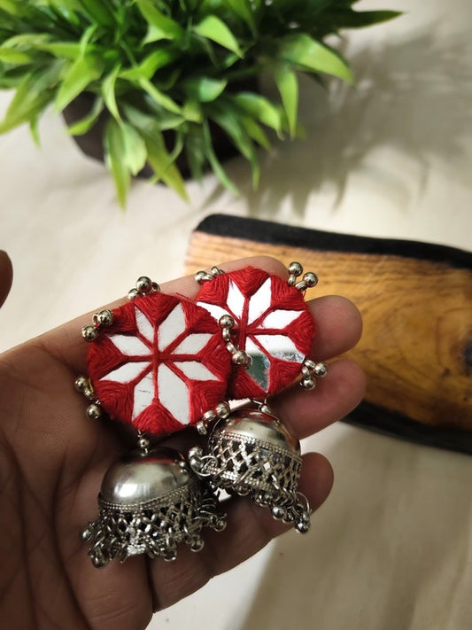 red mirror work earrings     