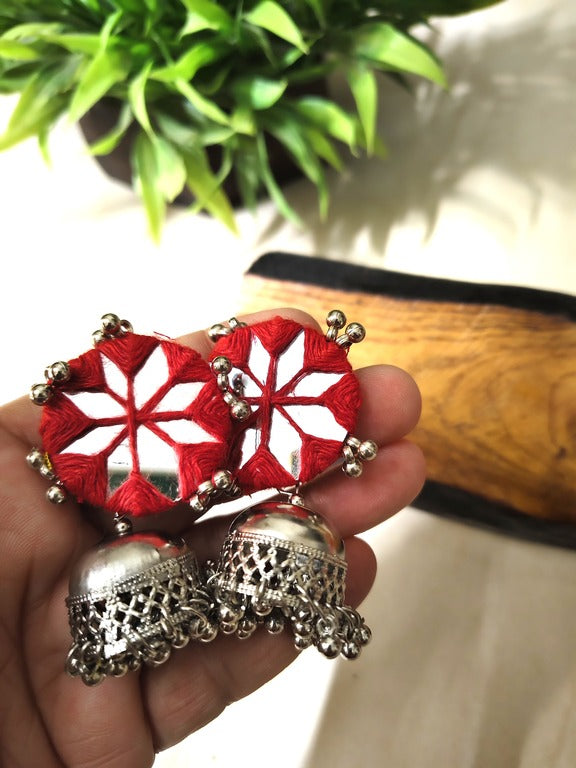 red mirror work earrings     