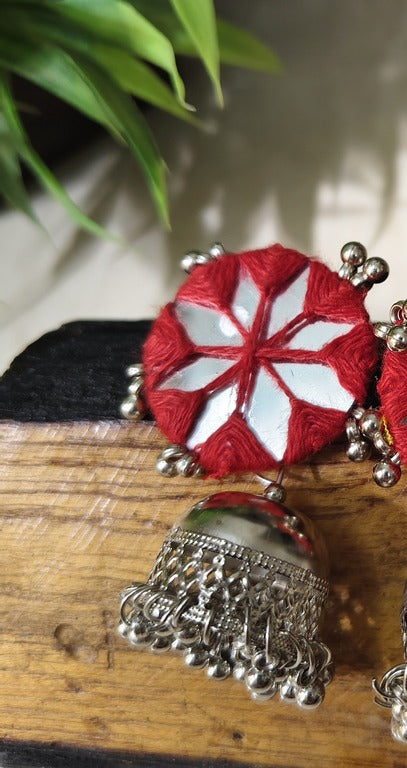 red mirror work earrings     