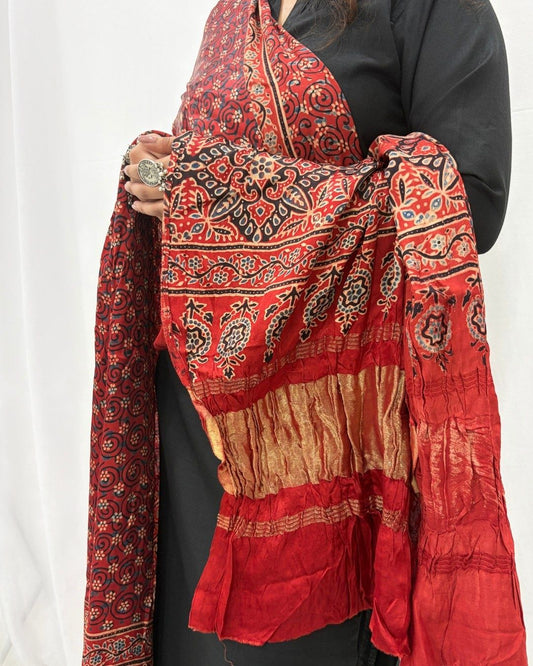 Ajrakh Red Modal Silk Lagdi Patta Dupatta