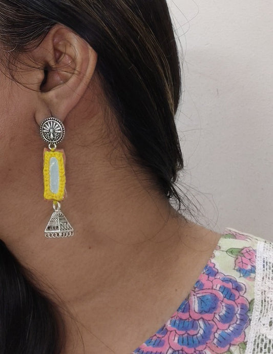 yellow mirror work earrings     