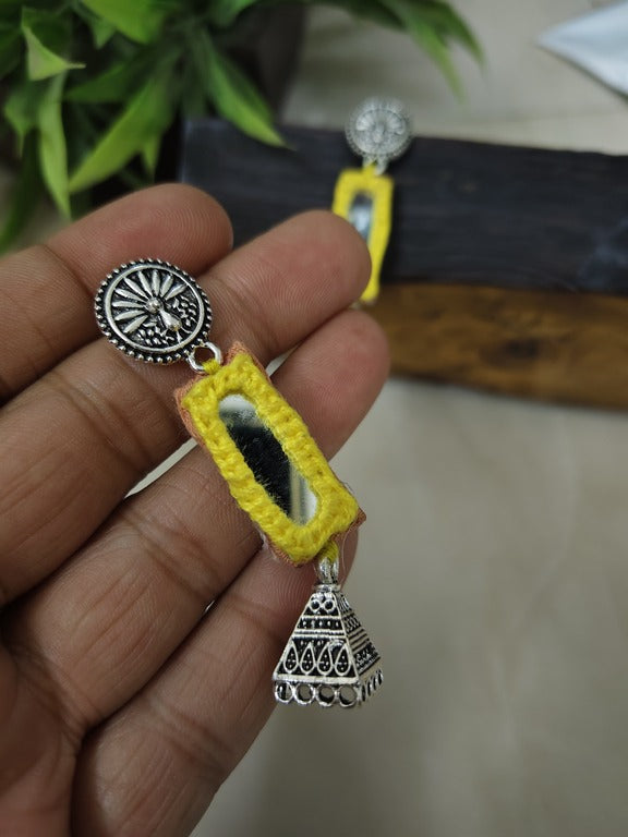 yellow mirror work earrings     