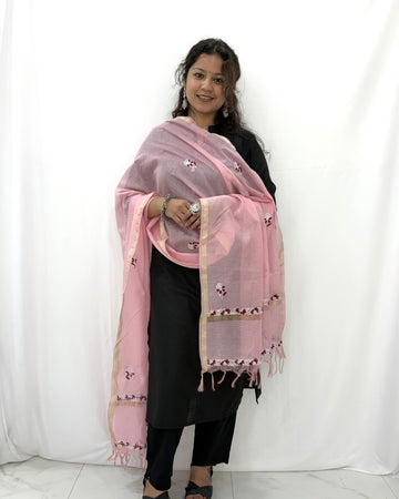 Lucknowi Chikankari Pink Chanderi Silk Dupatta