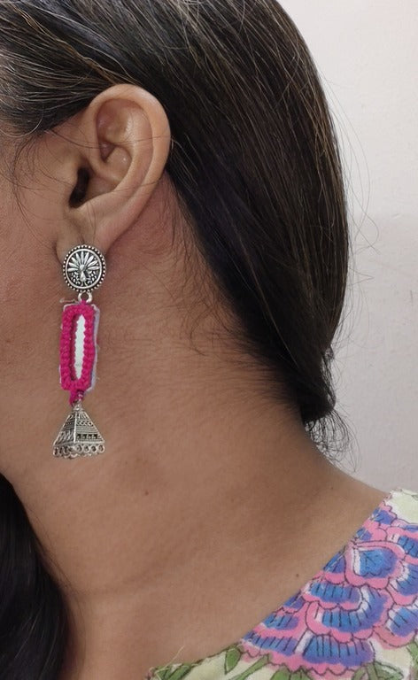 pink mirror work earrings     