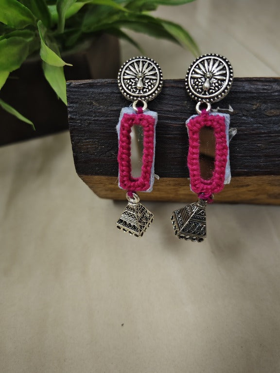pink mirror work earrings     