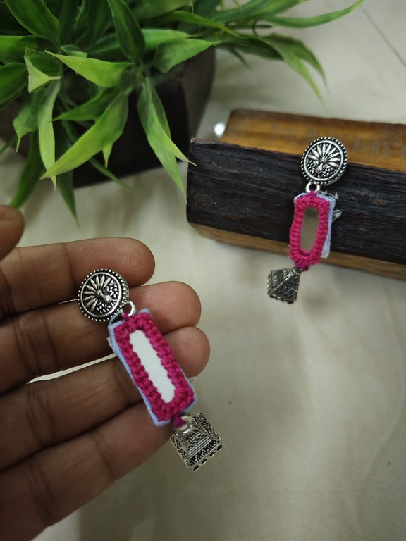 pink mirror work earrings     