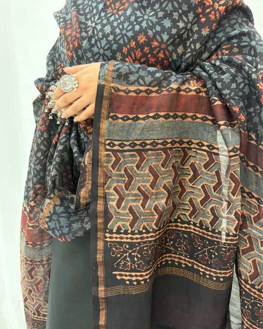 Ajrakh Brown Chanderi Silk Dupatta