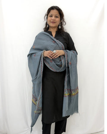 Kashmir Sozni Embroidery Grey Chanderi Silk Dupatta