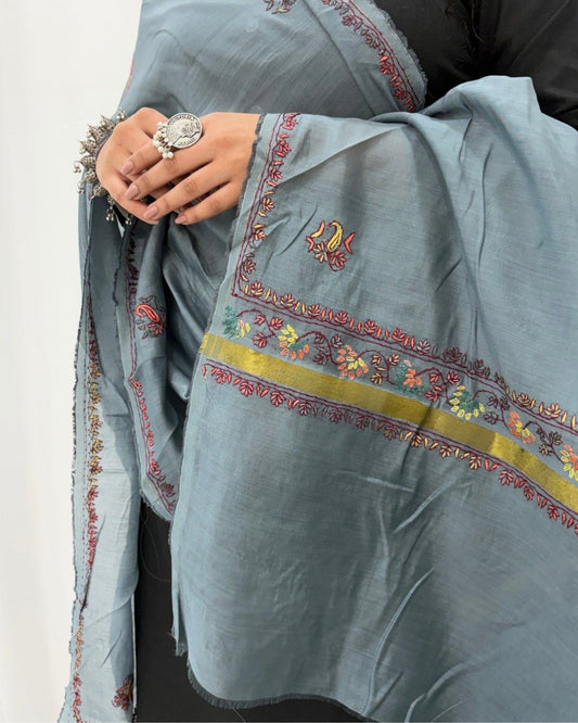 Kashmir Sozni Embroidery Grey Chanderi Silk Dupatta