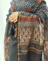Ajrakh Brown Chanderi Silk Dupatta