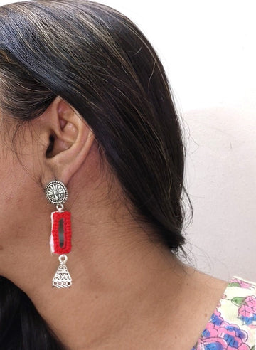 red mirror work earrings     