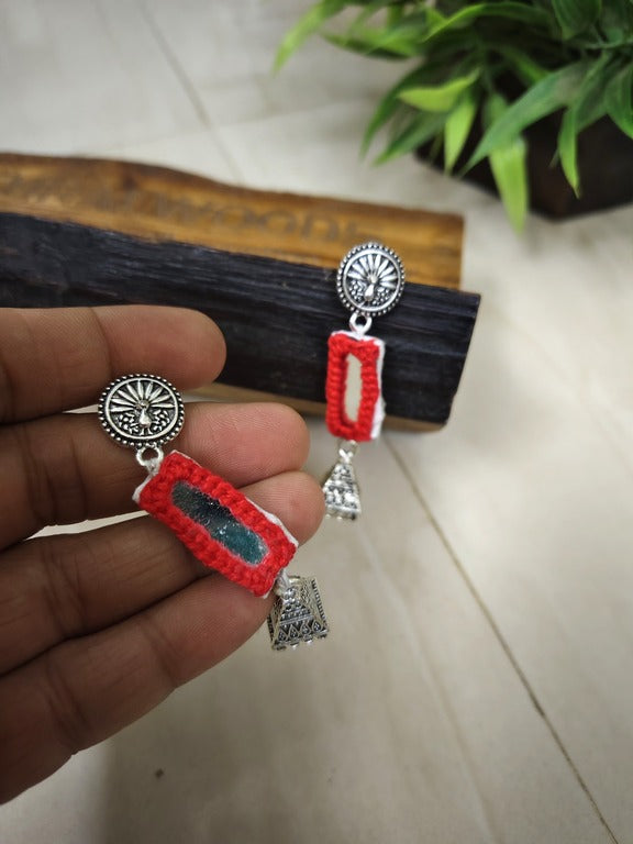 red mirror work earrings     