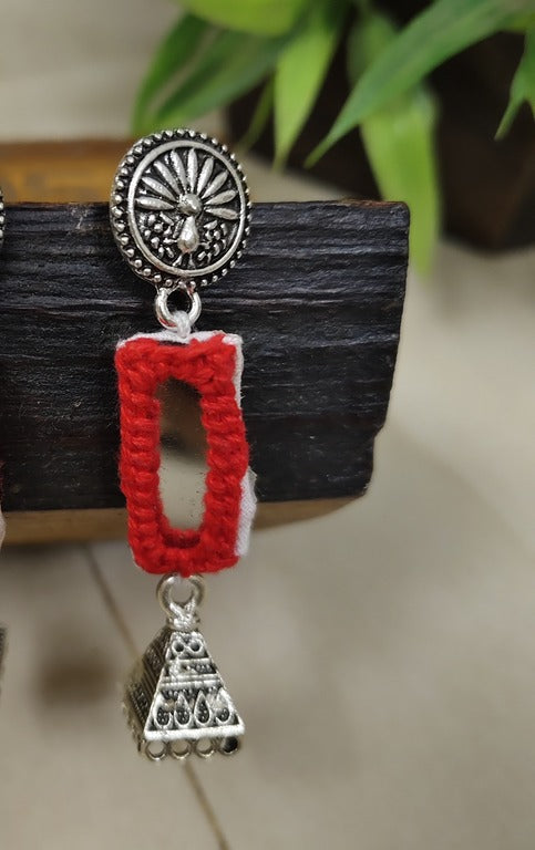 red mirror work earrings     