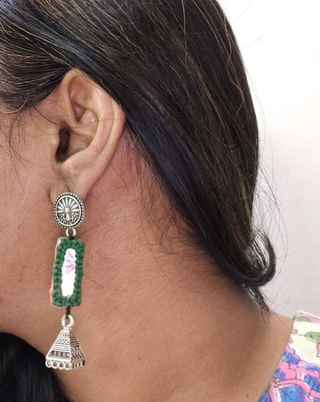 green mirror work earrings     
