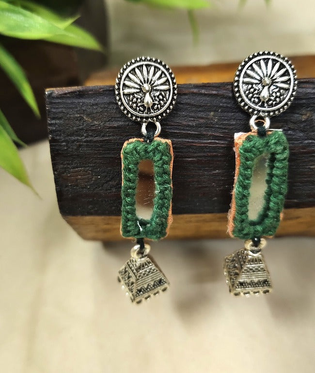 green mirror work earrings     