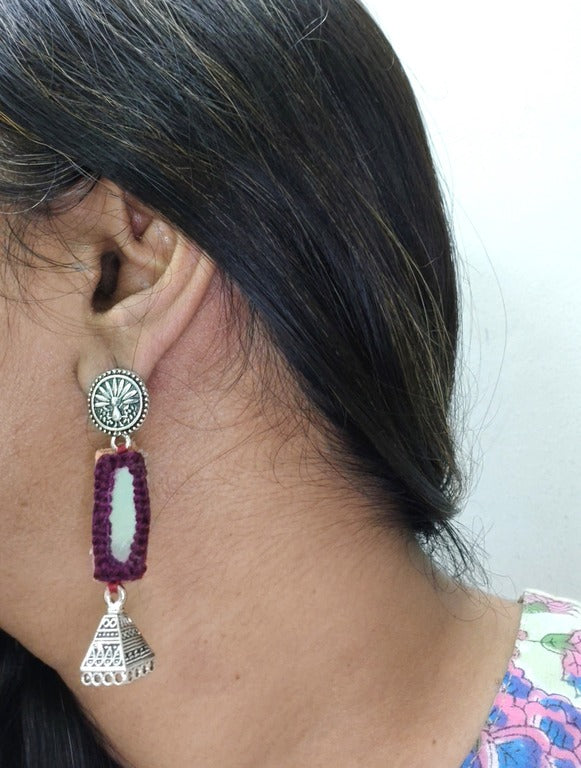 maroon mirror work earrings     