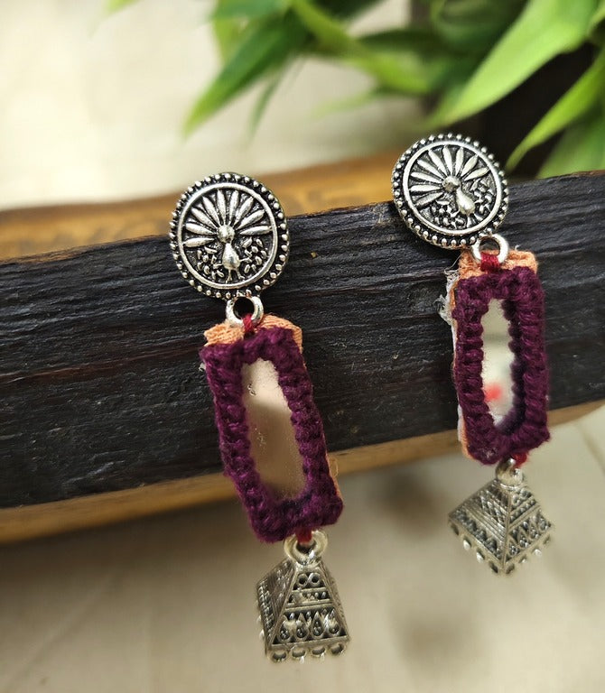 maroon mirror work earrings     