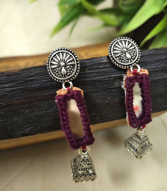 maroon mirror work earrings     
