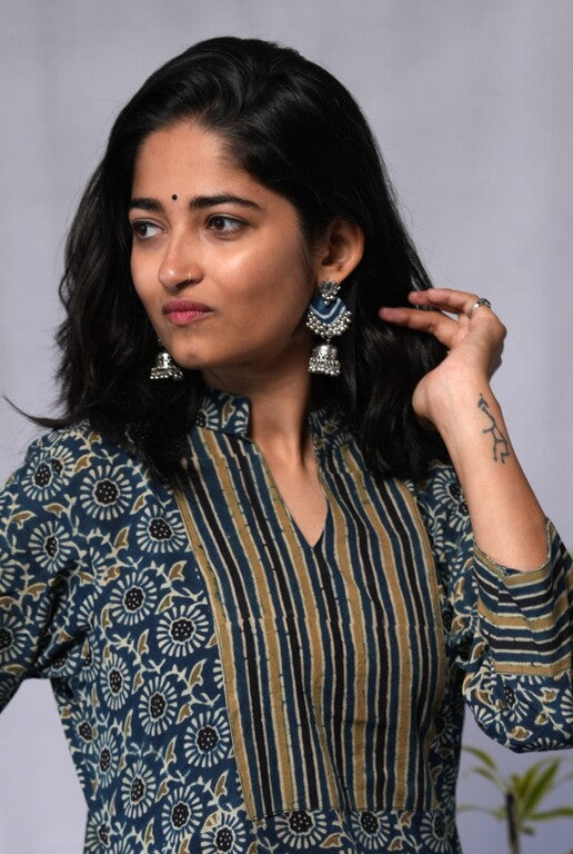 Eshana Ajrakh Cotton Blue Straight Kurta