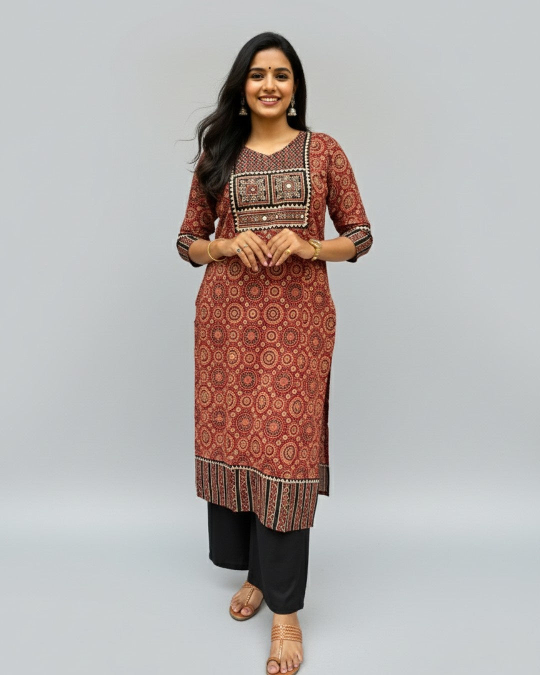 maroon ajrakh cotton straight kurta    