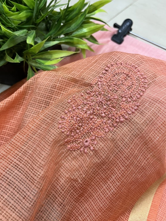 lucknowi chikankari ombre pink and orange kota silk dupatta