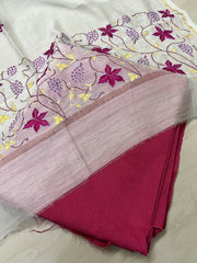 Kashmir Sozni Embroidery White and Pink Chanderi Silk Dupatta