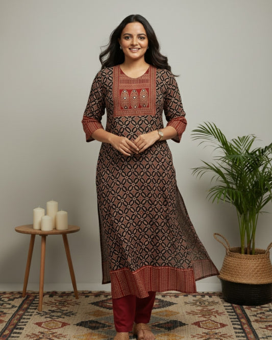black ajrakh cotton straight kurta    