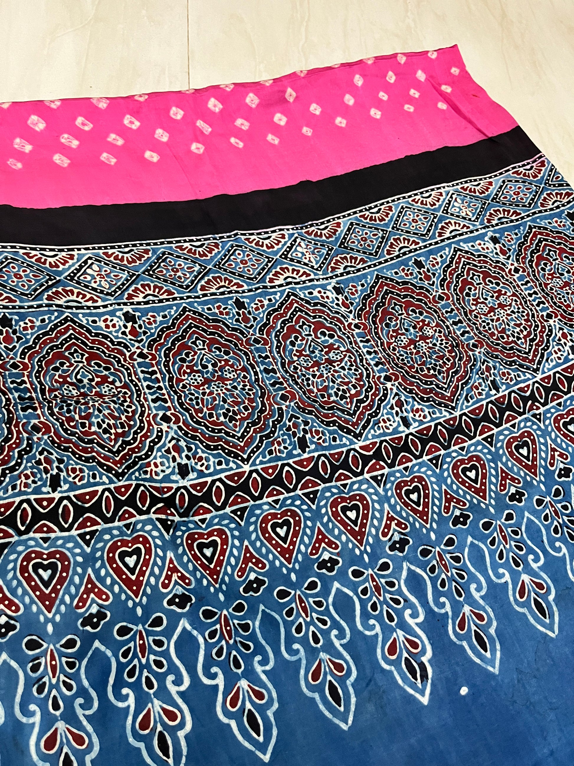 bandhani ajrakh pink and blue modal silk dupatta