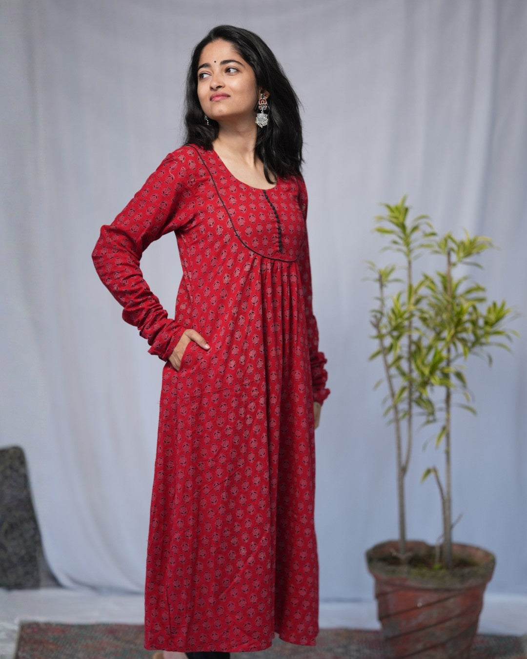 cotton red chudi sleeves aline kurta   