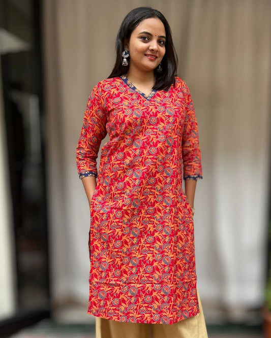 Ganga Red Cotton Straight Kurta