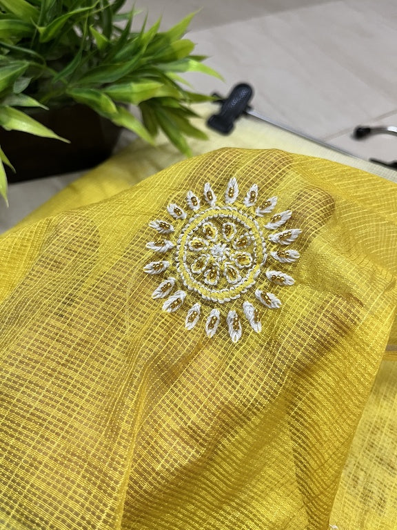 Lucknowi Chikankari Cream and Yellow Kota Silk Flower Motif Dupatta