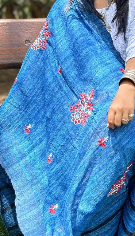 lucknowi chikankari blue tussar silk dupatta
