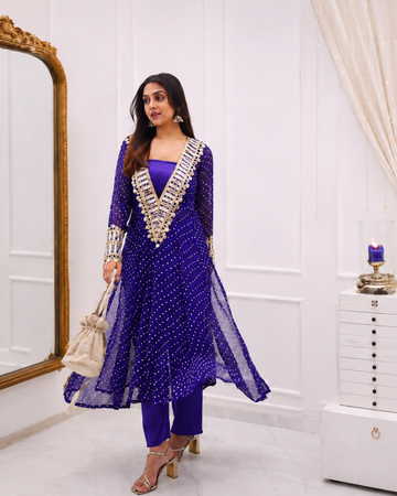 Royal Blue Embellished Anarkali Suit Set with Dupatta