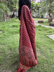 Ajrakh Red Modal Silk Lagdi Patta Dupatta