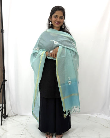 Lucknowi Chikankari Ombre Blue Kota Dupatta