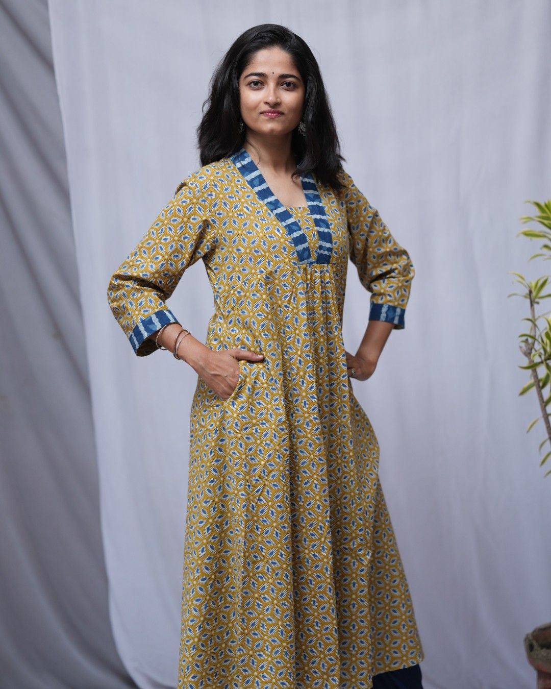 bagru cotton yellow aline kurta    