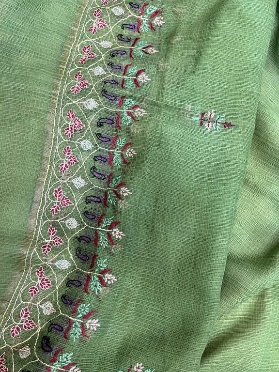 kashmir sozni embroidery green kota silk dupatta