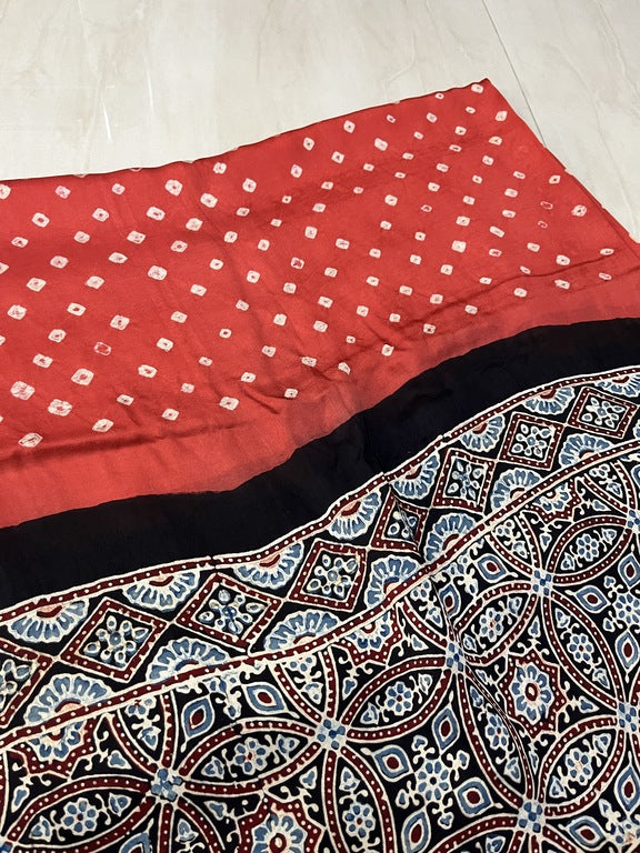 bandhani ajrakh red and black modal silk dupatta